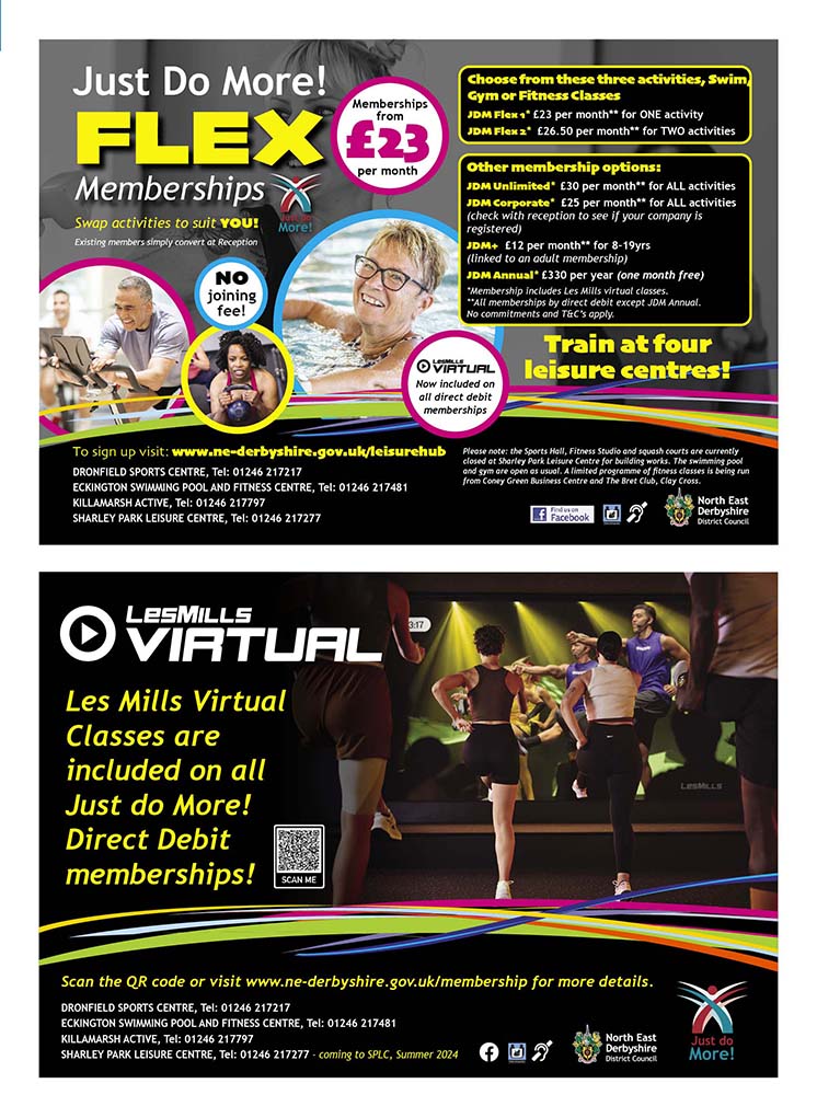 Photo of two adverts - Flex memberships and Les Mills virtual classes